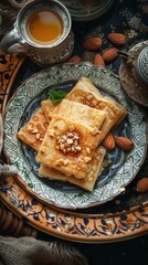 Poster - A plate of pancakes with nuts and syrup on top. The plate is on a table with a cup of tea