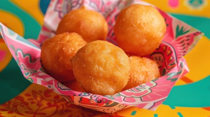 Poster - A basket of fried doughnuts sits on a table. The doughnuts are golden brown and appear to be freshly made. The basket is covered in a pink and white pattern, which adds a playful touch to the scene