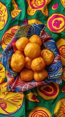 Poster - A basket of fried doughnuts sits on a colorful background. The doughnuts are golden brown and arranged in a neat row. The colorful background adds a sense of vibrancy and energy to the scene