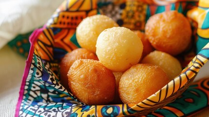 Poster - A basket of doughnuts with a colorful cloth. The doughnuts are yellow and white