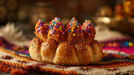 Aufkleber - A colorful pastry with sprinkles on top sits on a tablecloth. Concept of festivity and celebration