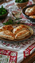 Poster - A plate of pastries sits on a table with a red and white tablecloth. The table is set for a meal, with a wine glass and a bowl of greens nearby
