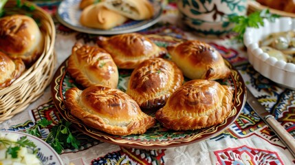 Poster - A plate of pastries sits on a table with other food items. The pastries are small and brown, and they are arranged in a neat row. The tablecloth is colorful and patterned