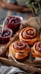 Poster - Three cinnamon rolls are sitting on a wooden tray with a jar of jam and a spoon. The rolls are covered in sugar and look delicious