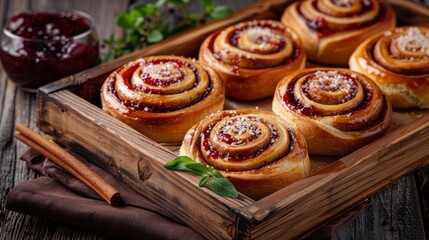 Poster - A wooden tray with six cinnamon rolls and a jar of jam. The rolls are covered in sugar and have a spiral shape