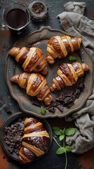 Poster - A plate of croissants with chocolate chips and mint leaves. The croissants are arranged in a row and there is a cup of coffee on the table