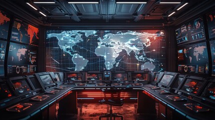 Fototapete - A computer room with a large monitor showing a map of the world. The room is filled with computer monitors and a few chairs. Scene is serious and focused