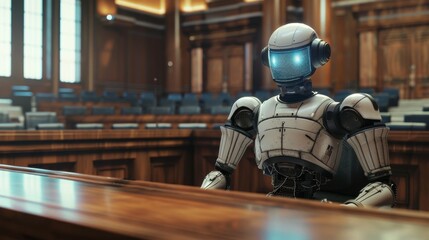 Leinwandbilder - A robot is sitting at a desk in a courtroom. The robot is wearing a suit and has a serious expression on its face. The scene is set in a futuristic courtroom with wooden benches and a judge's bench
