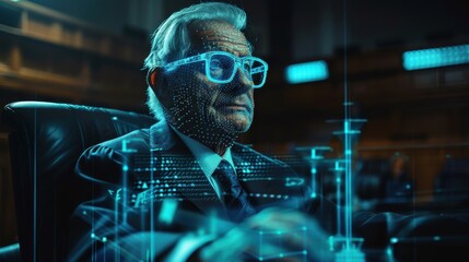 Fototapete - A man in a suit is sitting in a chair with a computer screen in front of him. The screen is displaying a futuristic image of a man with a beard and glasses