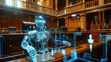 Aufkleber - A man in a suit is sitting at a desk with a computer screen in front of him. The computer screen shows a 3D image of a courtroom with a judge and other people