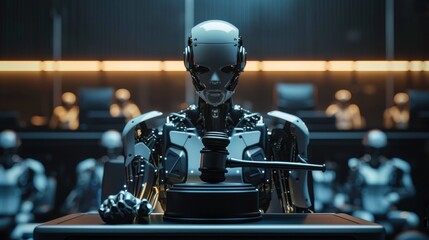 Aufkleber - A robot is sitting at a desk with a gavel in front of it. The robot is wearing a suit and he is a judge. The scene is set in a futuristic courtroom with other robots in the background