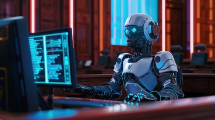 Aufkleber - A robot is sitting at a desk in front of a computer monitor. The robot is wearing a white suit and has a blue face