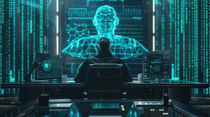 Aufkleber - A man is sitting at a computer desk with a large monitor in front of him. The monitor displays a complex image of a man's face, and the man is focused on it. Concept of concentration and deep thought