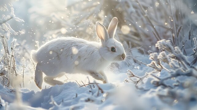 white funny fluffy rabbit in the snow. 