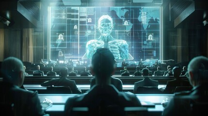 A group of people are sitting in a room with a large screen showing a skeleton