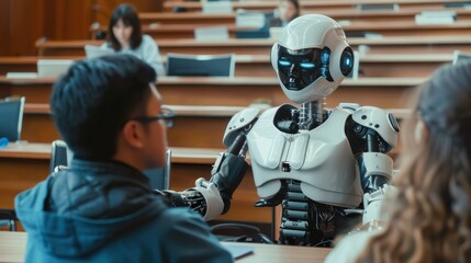 Wall Mural - A robot is talking to a man in a classroom. The robot is white and has blue eyes. The man is wearing glasses. The robot is standing in front of a desk