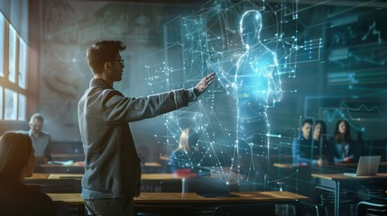 Fototapete - A man is pointing at a projection of a man on a screen. The projection is surrounded by a blue and white background. The man is wearing glasses and is standing in front of a group of people