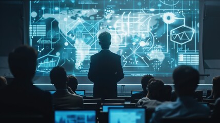 Fototapete - A man stands in front of a large screen displaying a map of the world. The audience is watching him intently