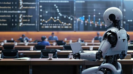 Poster - A robot is standing in front of a board with graphs and numbers. The robot is holding a laptop and he is giving a presentation. The scene suggests a futuristic or technological setting