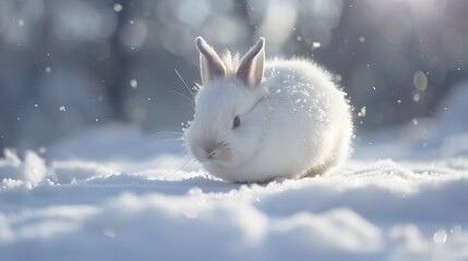 Poster - white funny fluffy rabbit in the snow. 