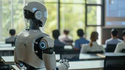 Aufkleber - A robot is standing in front of a group of people in a classroom. The robot is white and has a black head. Scene is curious and futuristic