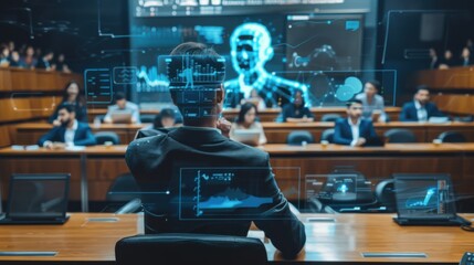 A man is sitting at a desk in front of a computer screen with a man's face on it. He is wearing a suit and he is thinking. Concept of focus and concentration