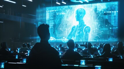 Fototapete - A man is sitting in a dark room with a group of people watching a screen. The screen is displaying a blue and white image of a human body. Scene is futuristic and technological