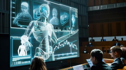 Fototapete - A group of people are looking at a computer screen with a robot on it. The robot is holding a stick and he is giving a presentation. The people in the room are all focused on the screen