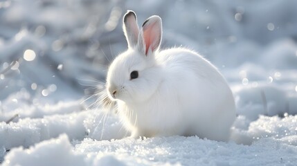 white funny fluffy rabbit in the snow. 