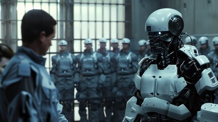 Aufkleber - A robot is standing in front of a group of people. The robot is wearing a white suit and has a black face