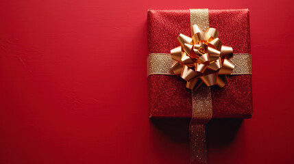 Poster - Red Gift Box with Ribbon and Bow on a Red Background extreme closeup. Generative AI