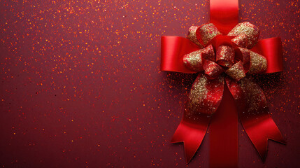 Poster - Red Gift Box with Ribbon and Bow on a Red Background extreme closeup. Generative AI