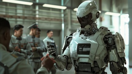 Aufkleber - A robot is holding a cell phone and is surrounded by people. The robot is white and has a metallic appearance