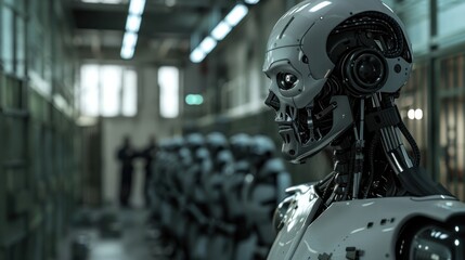 Aufkleber - A robot is standing in a room with other robots. The robot is wearing a helmet and has a skull on its face. The room is dimly lit, giving it a mysterious and eerie atmosphere