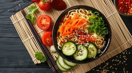 Canvas Print - Asian vegetable ramen bowl with sauce on bamboo mat featuring carrots cucumbers tomatoes and noodles