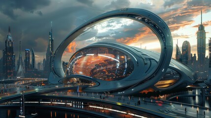Aufkleber - A futuristic city with a large building in the center. The building is surrounded by a large circular structure. The sky is cloudy and the sun is setting