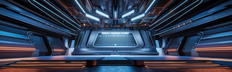 Poster - A futuristic space with a large open area with a blue ceiling. The space is empty and has a futuristic feel to it