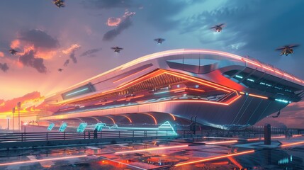Aufkleber - A futuristic city with a large building and a lot of helicopters flying around it. Scene is futuristic and exciting