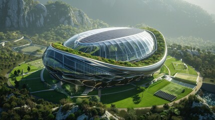Aufkleber - A large building with a green roof and a lot of trees surrounding it. The building is surrounded by a green field and a river