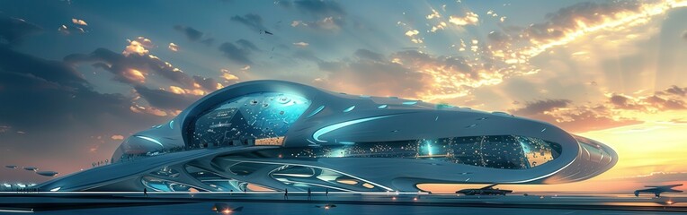 Poster - A futuristic building with a large glass dome and a large glass window. The building is surrounded by water and the sky is filled with clouds
