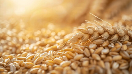 Canvas Print - Close-up of golden wheat grains illuminated by warm sunlight, showcasing the abundance of the harvest.