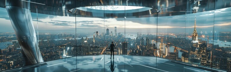 Aufkleber - A man stands in front of a city skyline, looking out a window. The city is lit up at night, creating a moody atmosphere