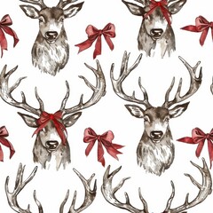 Poster - A pattern of deer with red bows on their antlers. The bows are tied in a bow shape, and the deer are positioned in a way that creates a sense of movement and energy