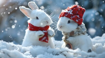 Poster - white funny fluffy rabbit in the snow. 