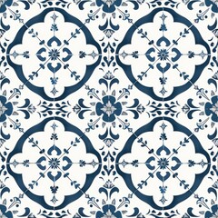 Poster - This image shows a classic Portuguese tile pattern, featuring a repeating motif of blue and white floral designs. The intricate pattern is reminiscent of traditional Portuguese ceramics and is a popul