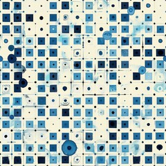 Aufkleber - This abstract digital art piece features a repeating pattern of blue squares and circles on a white background. The squares and circles are arranged in a grid-like pattern and are slightly offset from