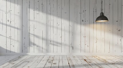 Poster - Copy space available on wooden white wall with vintage lamp decoration