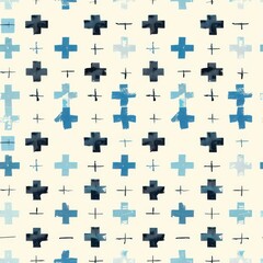 Poster - This image features a repeating pattern of blue and black crosses on a white background. The crosses are drawn in a variety of sizes and shades, creating a visually interesting and dynamic design. The