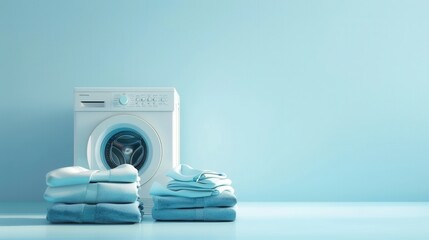 Poster - A white washing machine sits in front of a light blue wall with two neatly stacked piles of freshly laundered clothes in front of it. Generative AI