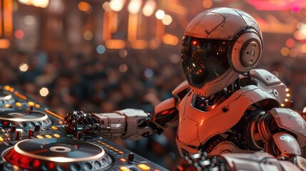 Aufkleber - A robot DJ is playing music at a club. The robot is wearing a white helmet and has a metallic appearance. The club is crowded with people dancing and enjoying the music. The atmosphere is lively